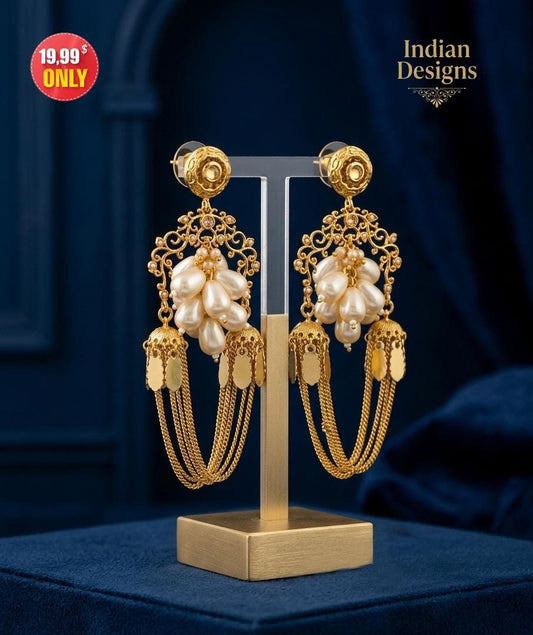 Gold plated Pearl Cluster Dangle Earrings| Traditional Mughal Inspired Statement Jewelry