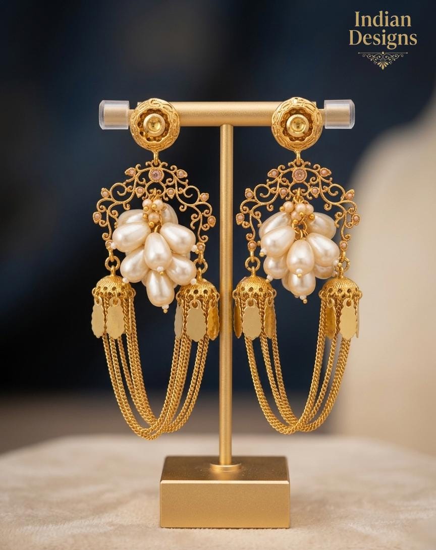 Gold plated Pearl Cluster Dangle Earrings| Traditional Mughal Inspired Statement Jewelry