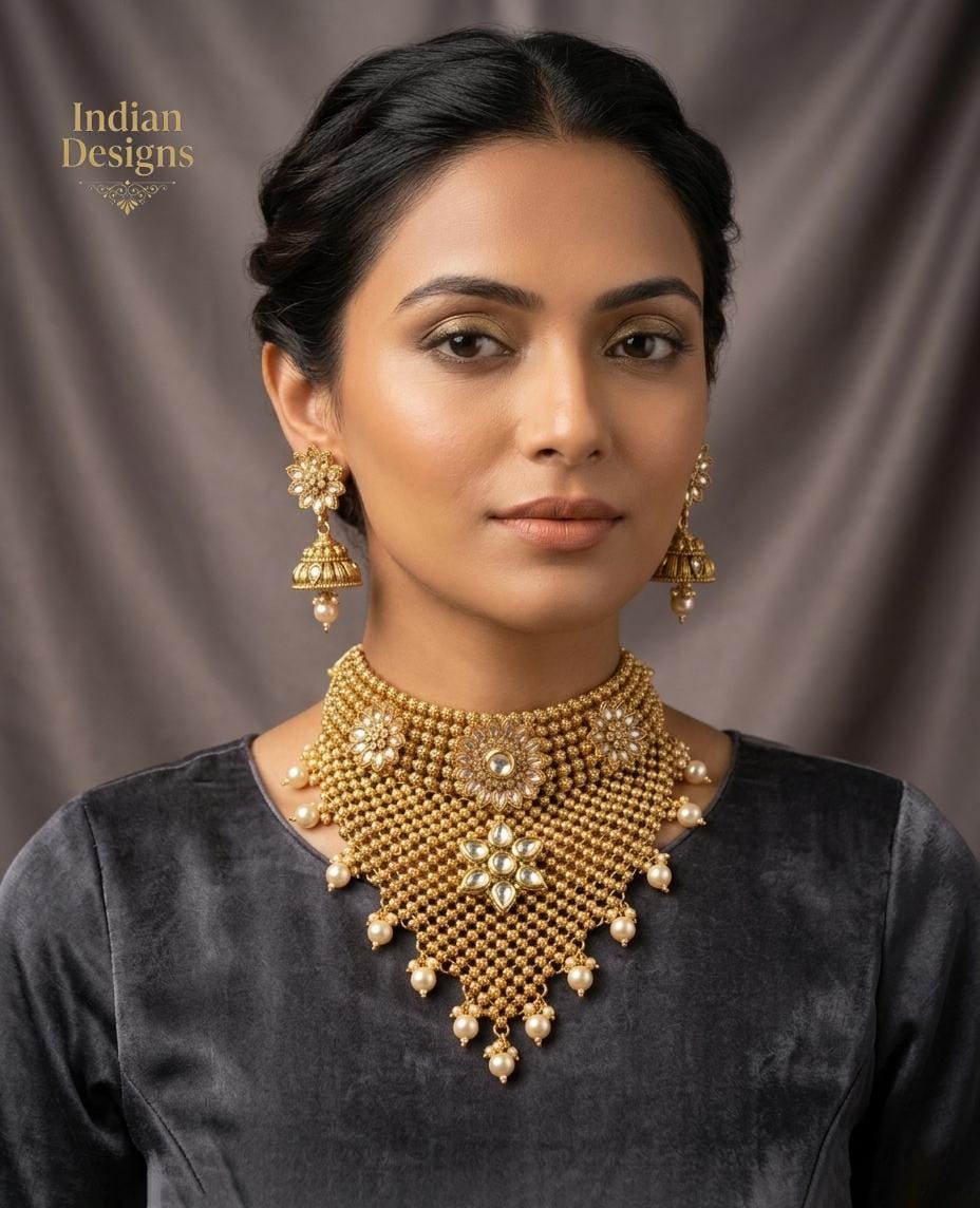 Gold Tone Kundan Bridal Choker Necklace Set with Jhumka Earrings | Indian Wedding Jewelry | Statement Bib Necklace | Bollywood Style Jewelry