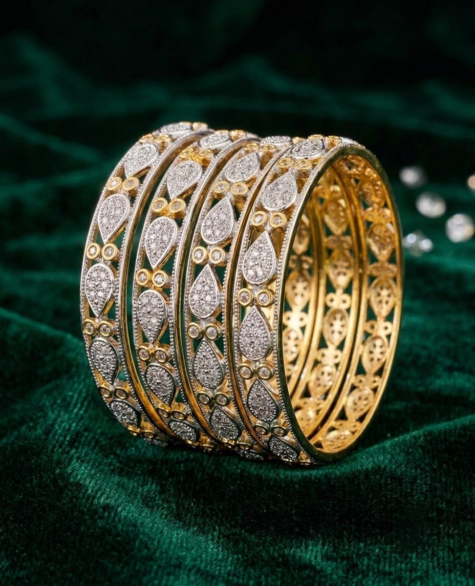 Indian Gold Plated Bangle Set| American Diamond CZ Bangles Set of 4Pcs| Bridal Wedding Bangles| Designer Stackable Bracelets| Gift for her