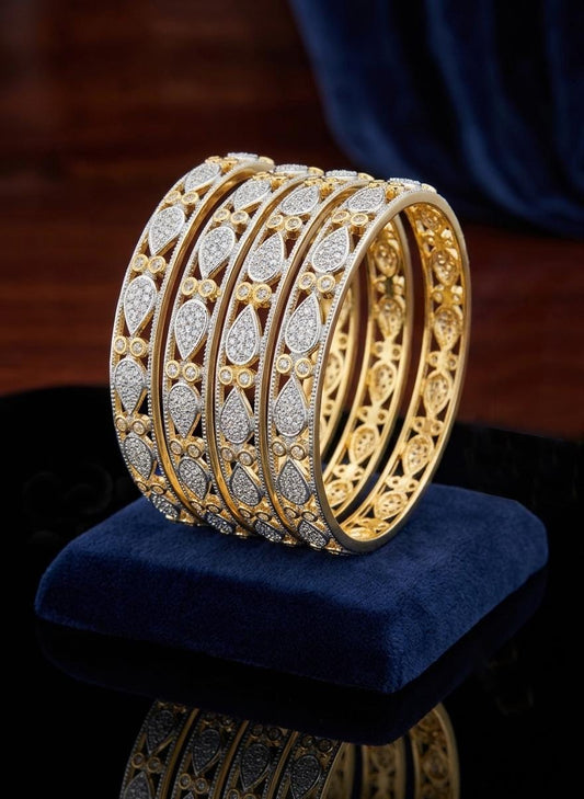 Indian Gold Plated Bangle Set| American Diamond CZ Bangles Set of 4Pcs| Bridal Wedding Bangles| Designer Stackable Bracelets| Gift for her
