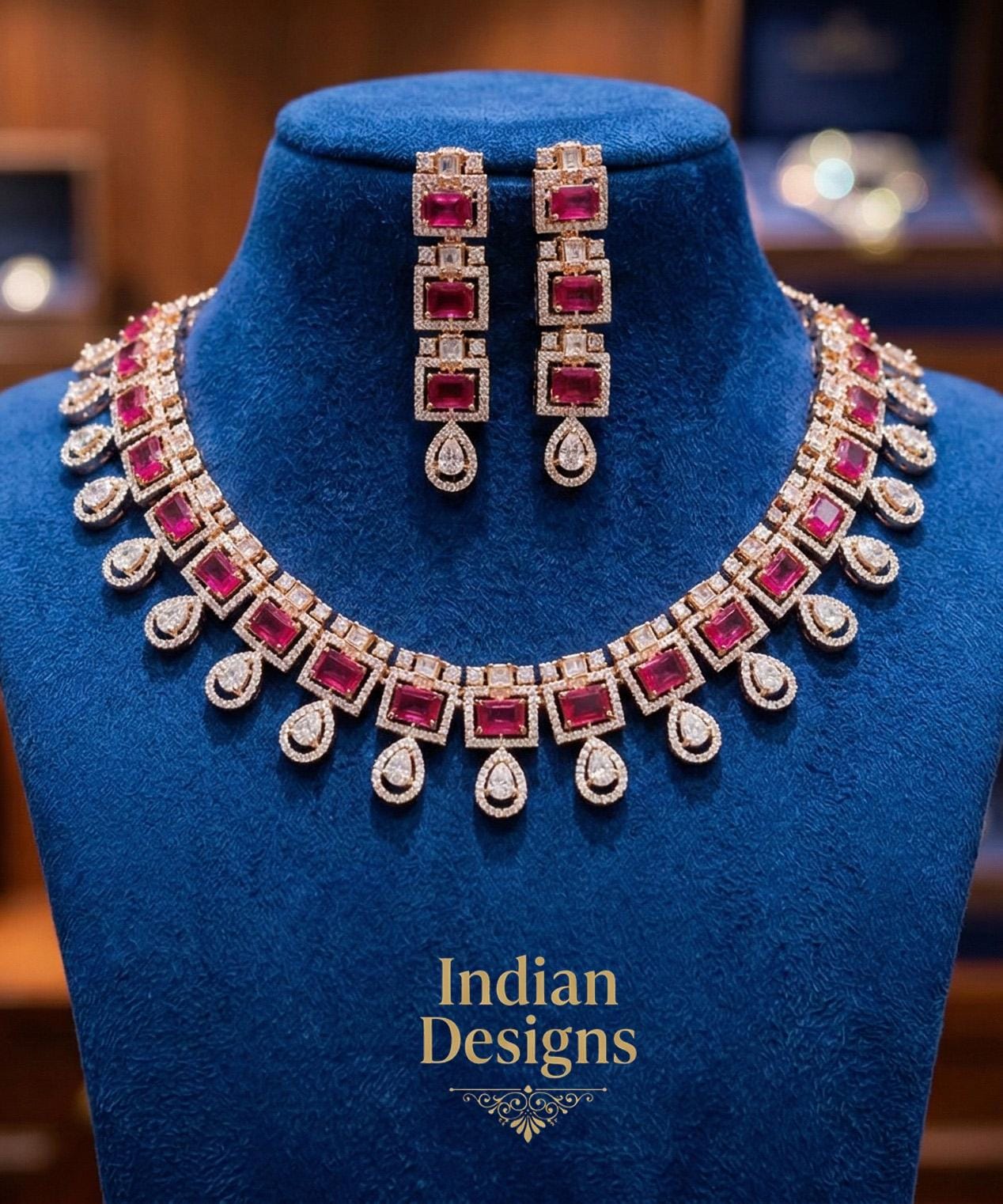 Rose Gold Statement Necklace and Earring Set| Premium Radiant Cut Ruby & Crystal Jewelry| Elegant Bridal Evening Jewelry Set| Gift for her