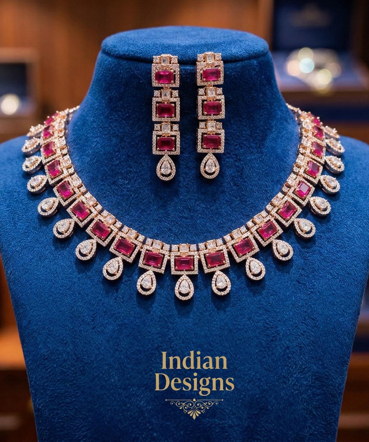 Rose Gold Statement Necklace and Earring Set| Premium Radiant Cut Ruby & Crystal Jewelry| Elegant Bridal Evening Jewelry Set| Gift for her
