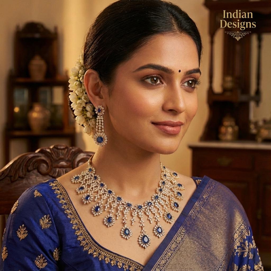 Blue Sapphire AD stone Necklace Set| Gold Plated Floral Choker| Indian Bridal Jewelry| American Diamond statement necklace|Gift for Her