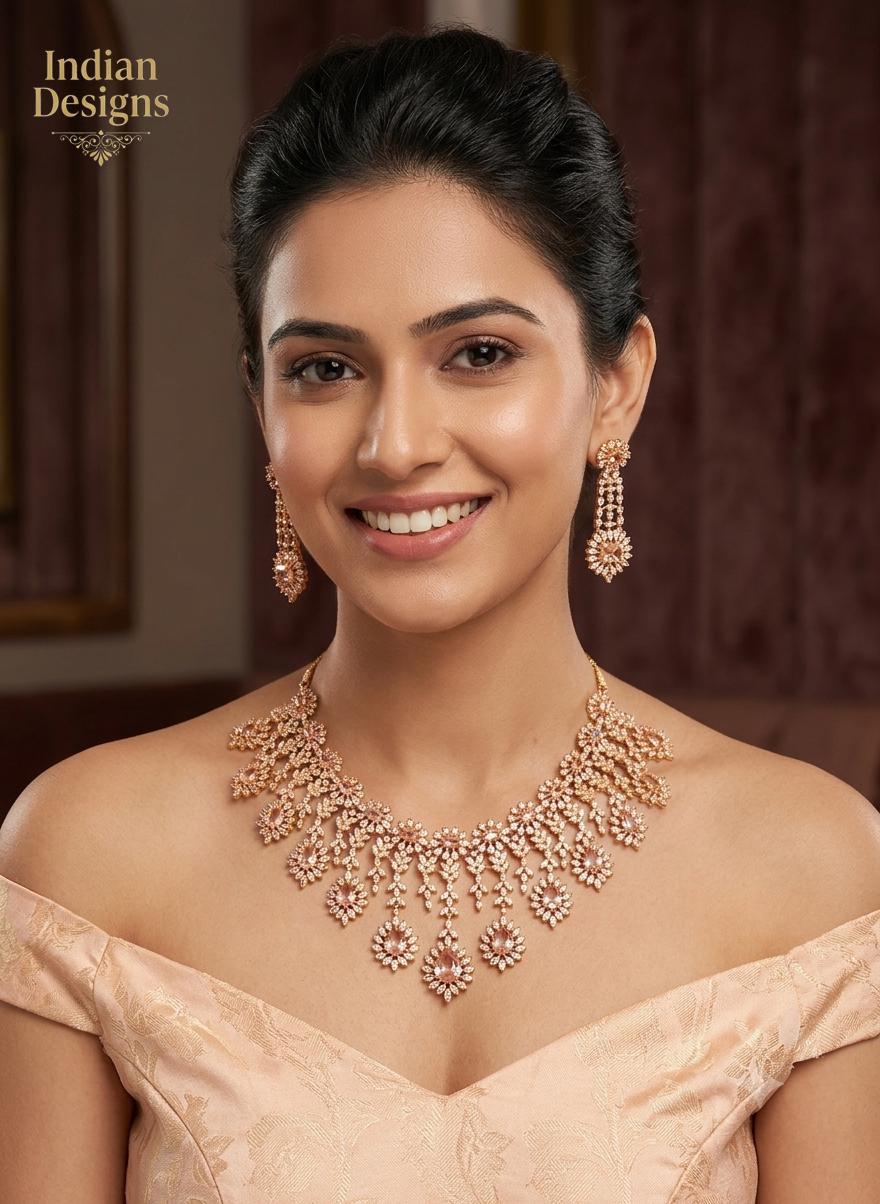 Blue Sapphire AD stone Necklace Set| Gold Plated Floral Choker| Indian Bridal Jewelry| American Diamond statement necklace|Gift for Her