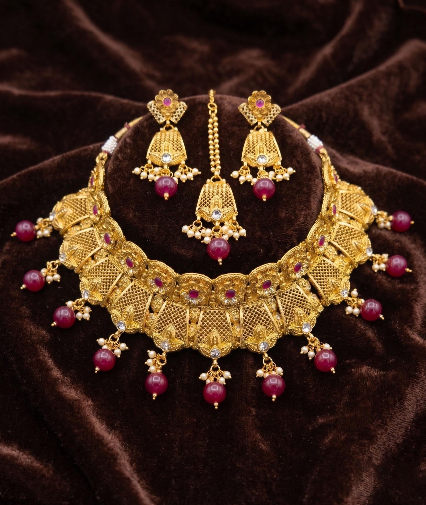 Gold Plated Bridal Choker Necklace Set with Earrings & Maang Tikka| Indian Wedding Jewelry| Ruby Necklace | Traditional Bridal| Gift for her