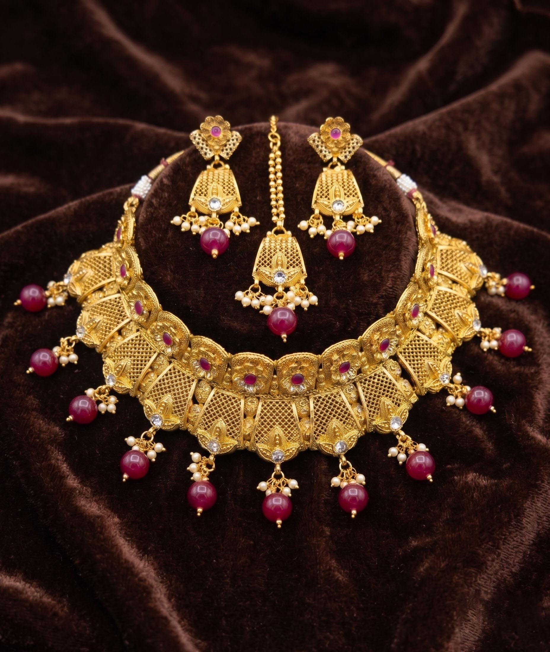 Gold Plated Bridal Choker Necklace Set with Earrings & Maang Tikka| Indian Wedding Jewelry| Ruby Necklace | Traditional Bridal| Gift for her