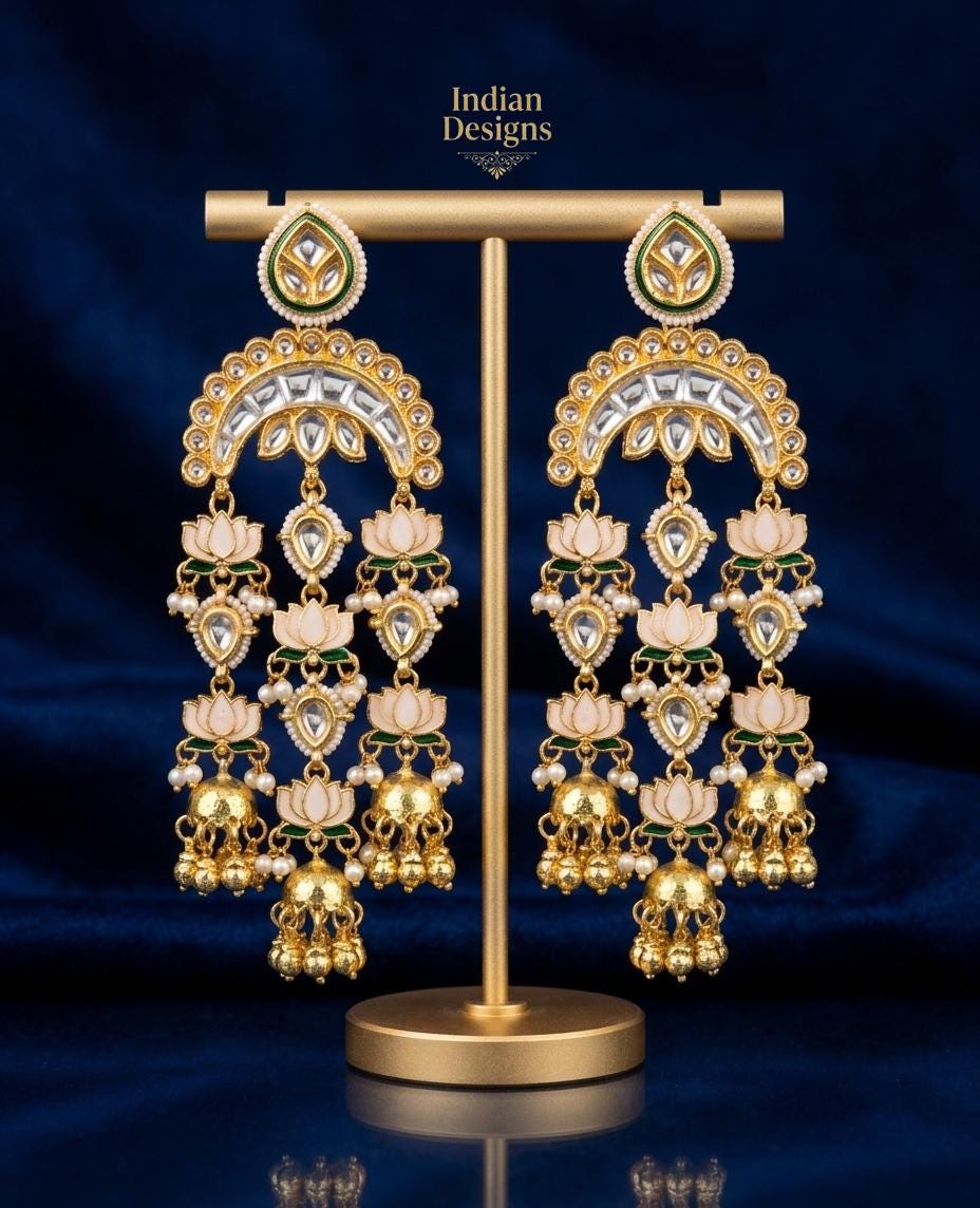 Indian Lotus Jhumka Earrings| Gold Tone Kundan Style Chandbali Earrings| Bridal Jhumka Earrings| Bohemian Bridal Earrings| Gift for her