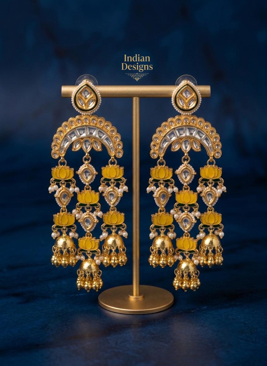 Indian Lotus Jhumka Earrings| Gold Tone Kundan Style Chandbali Earrings| Bridal Jhumka Earrings| Bohemian Bridal Earrings| Gift for her
