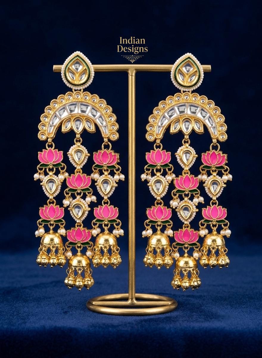 Indian Lotus Jhumka Earrings| Gold Tone Kundan Style Chandbali Earrings| Bridal Jhumka Earrings| Bohemian Bridal Earrings| Gift for her