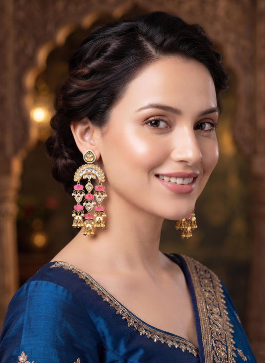 Indian Lotus Jhumka Earrings| Gold Tone Kundan Style Chandbali Earrings| Bridal Jhumka Earrings| Bohemian Bridal Earrings| Gift for her