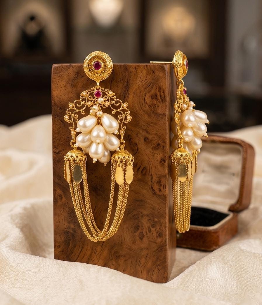 Gold plated Pearl Cluster Dangle Earrings| Traditional Mughal Inspired Statement Jewelry
