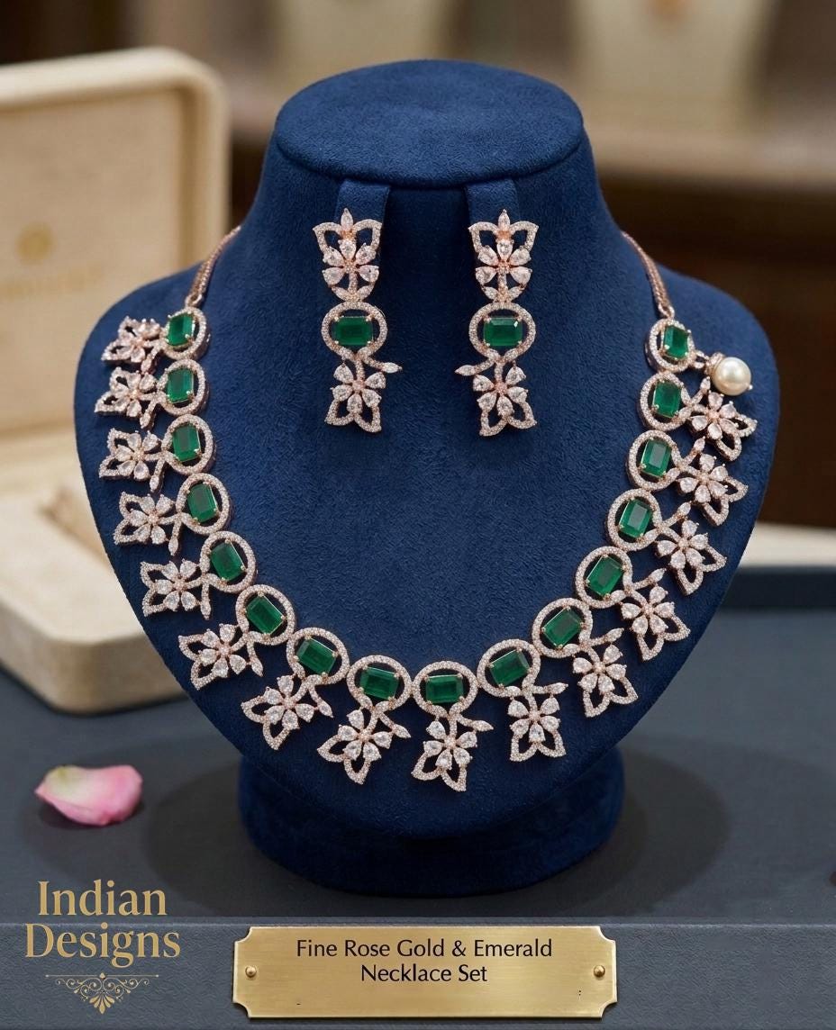Rose gold american diamond cz choker necklace with earrings| statement wedding jewelry|indian bollywood style fashion necklace |gift for her