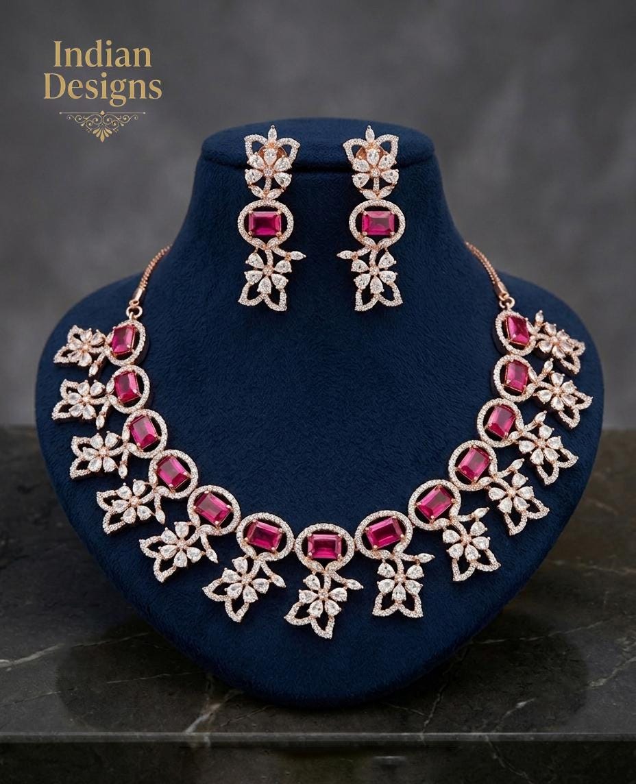 Rose gold american diamond cz choker necklace with earrings| statement wedding jewelry|indian bollywood style fashion necklace |gift for her