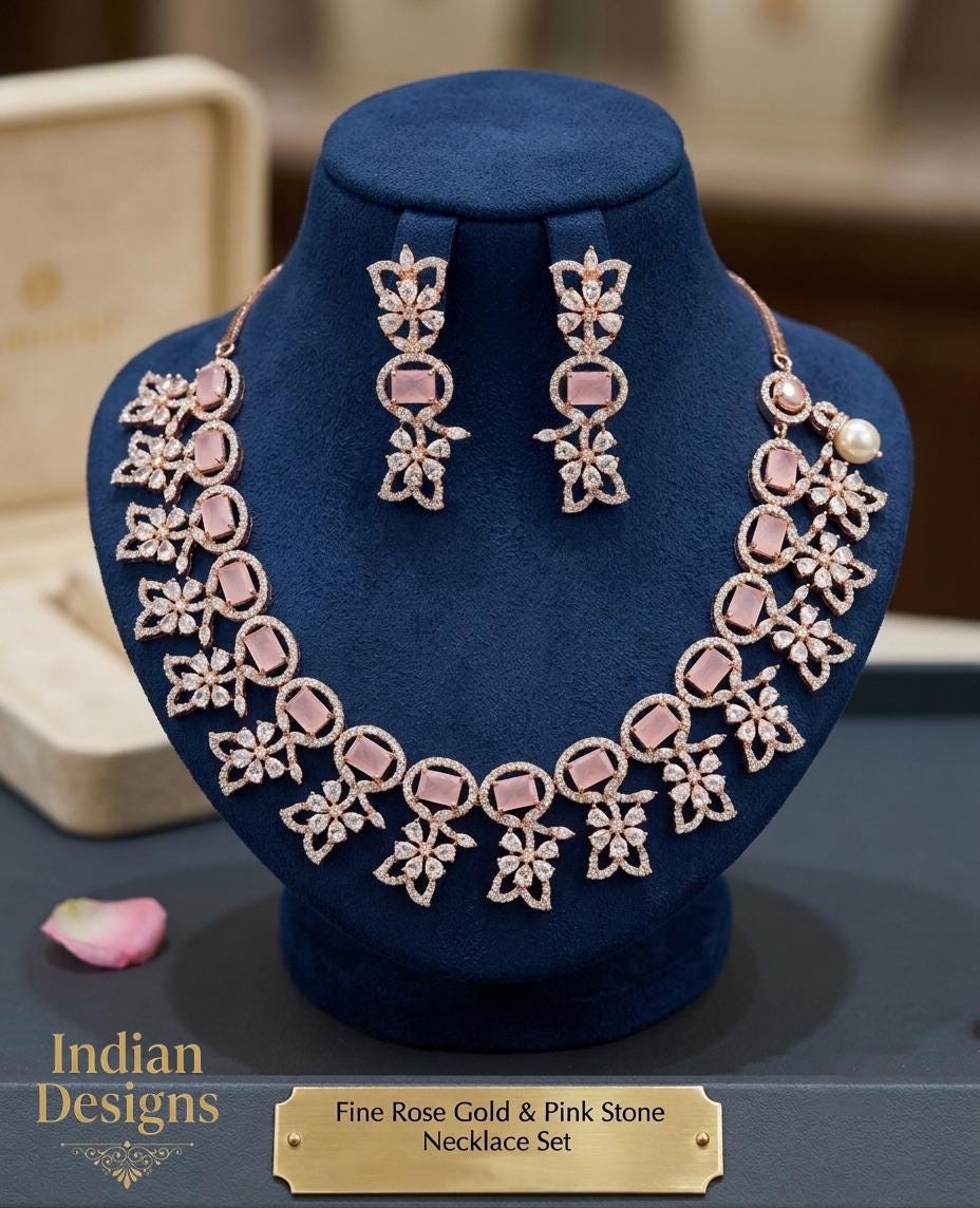 Rose gold american diamond cz choker necklace with earrings| statement wedding jewelry|indian bollywood style fashion necklace |gift for her