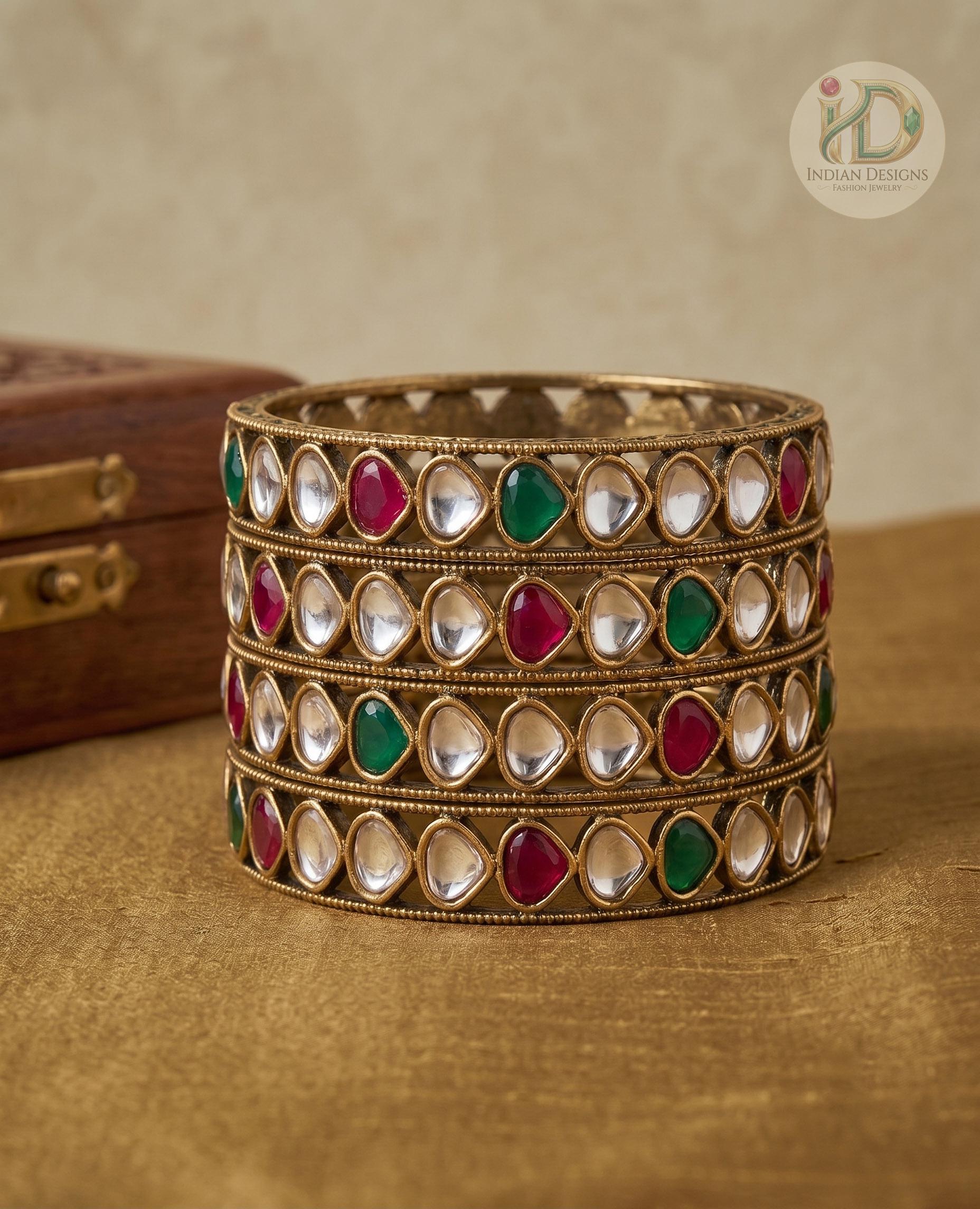 Traditional Kundan Style Bangles| Red & Green Stone Bracelet Set| Indian Wedding Jewelry | Antique Gold Plated Ethnic Bangles| Gift for Her