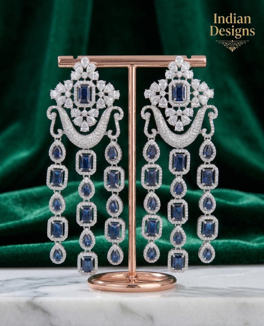 Stunning Indian Statement Chandelier Earrings| Silver Polish AD stone Dangle Drop Earrings| Wedding, & Party Earrings| gift for her