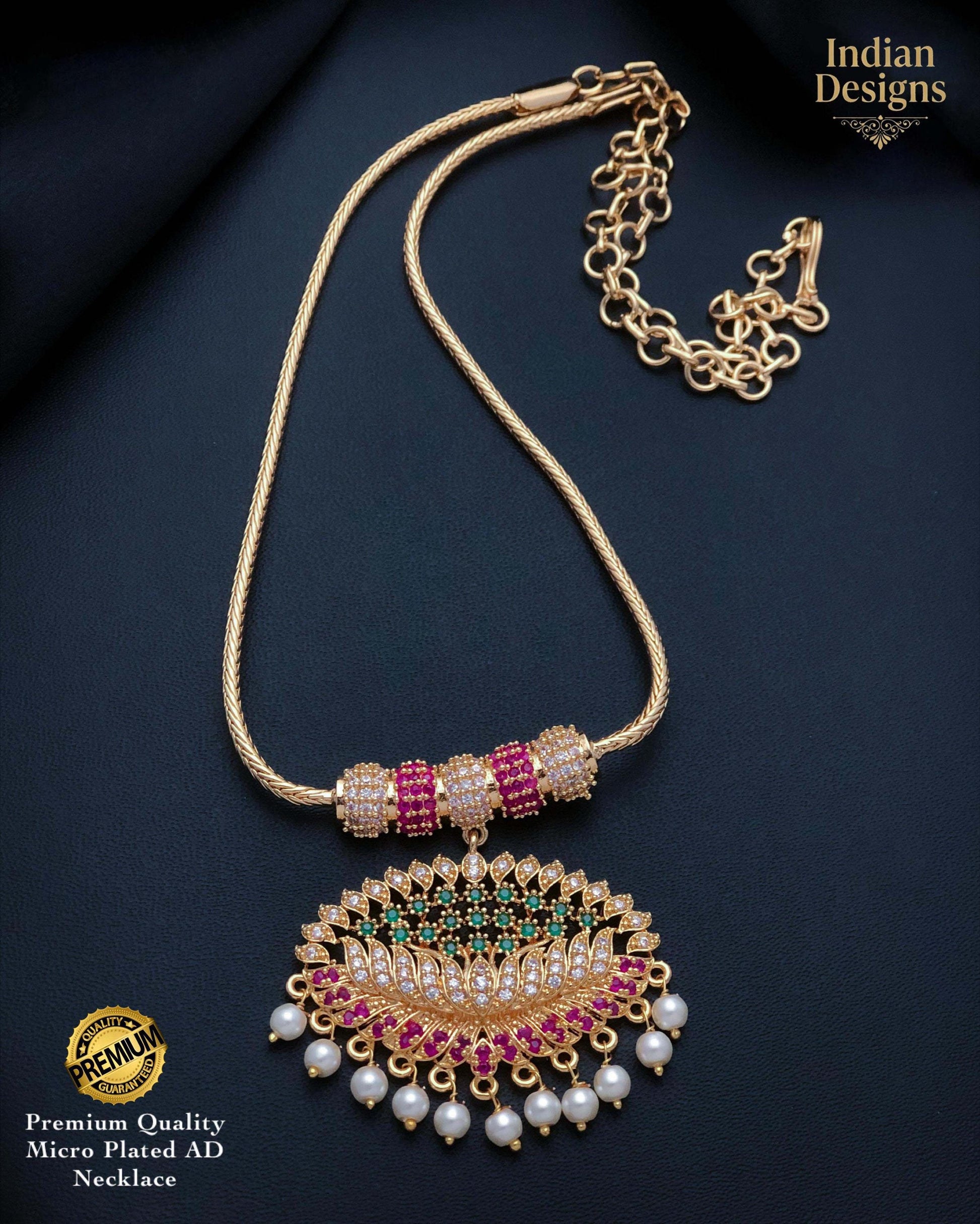 Gold Plated Lotus Necklace| American Diamond Pendant with Pearl Drops| South Indian style Bridal Necklace| Gift for her