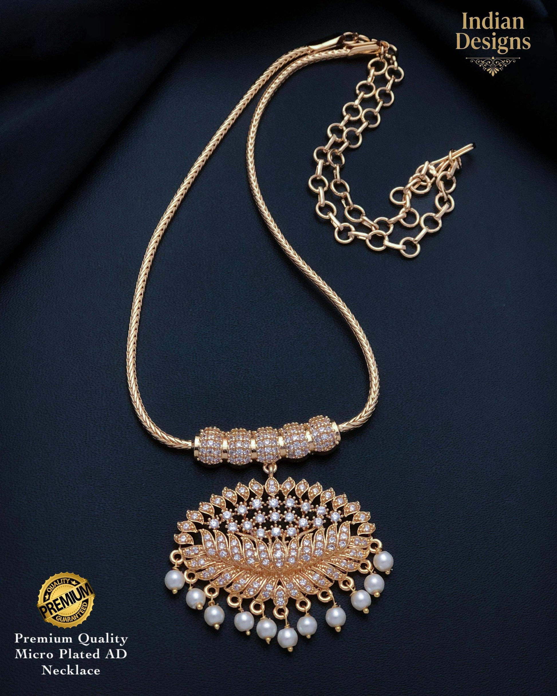 Gold Plated Lotus Necklace| American Diamond Pendant with Pearl Drops| South Indian style Bridal Necklace| Gift for her