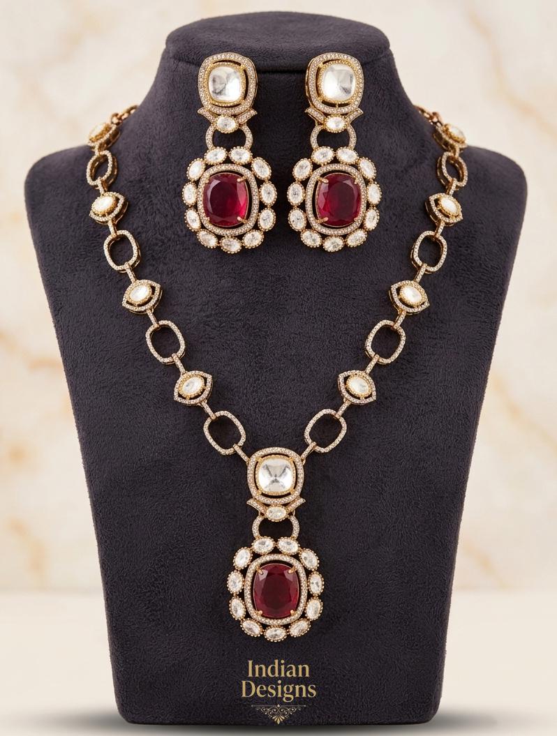 Dull Gold Doublet stone Moissanite Polki Kundan Necklace set|Sabyasachi Inspired Jewelry| American Diamond Statement Necklace| Gift for her