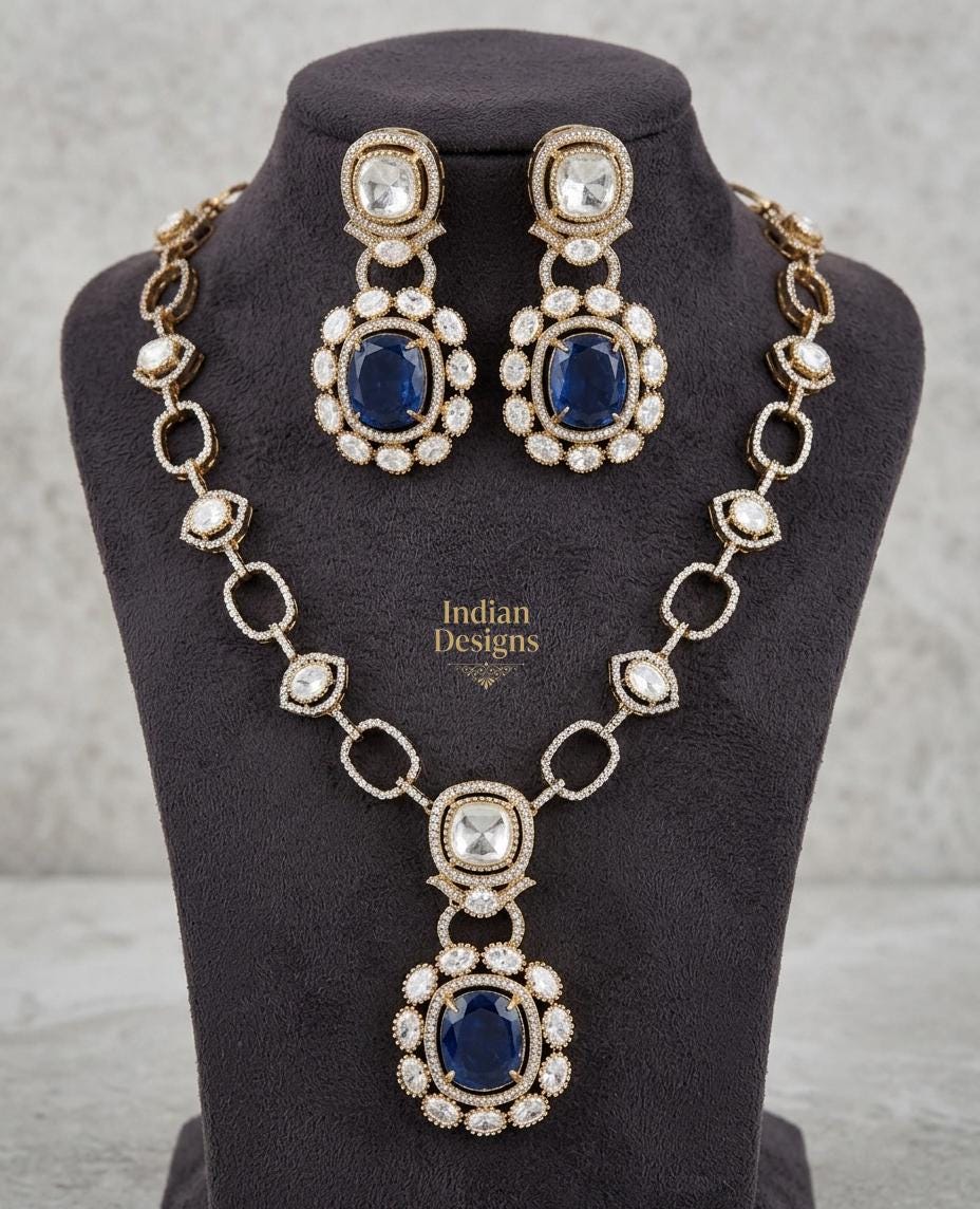 Dull Gold Doublet stone Moissanite Polki Kundan Necklace set|Sabyasachi Inspired Jewelry| American Diamond Statement Necklace| Gift for her