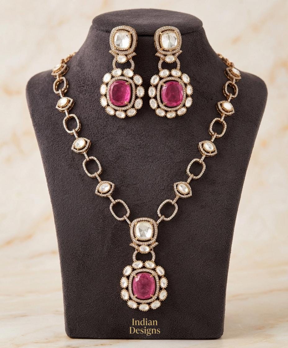 Dull Gold Doublet stone Moissanite Polki Kundan Necklace set|Sabyasachi Inspired Jewelry| American Diamond Statement Necklace| Gift for her