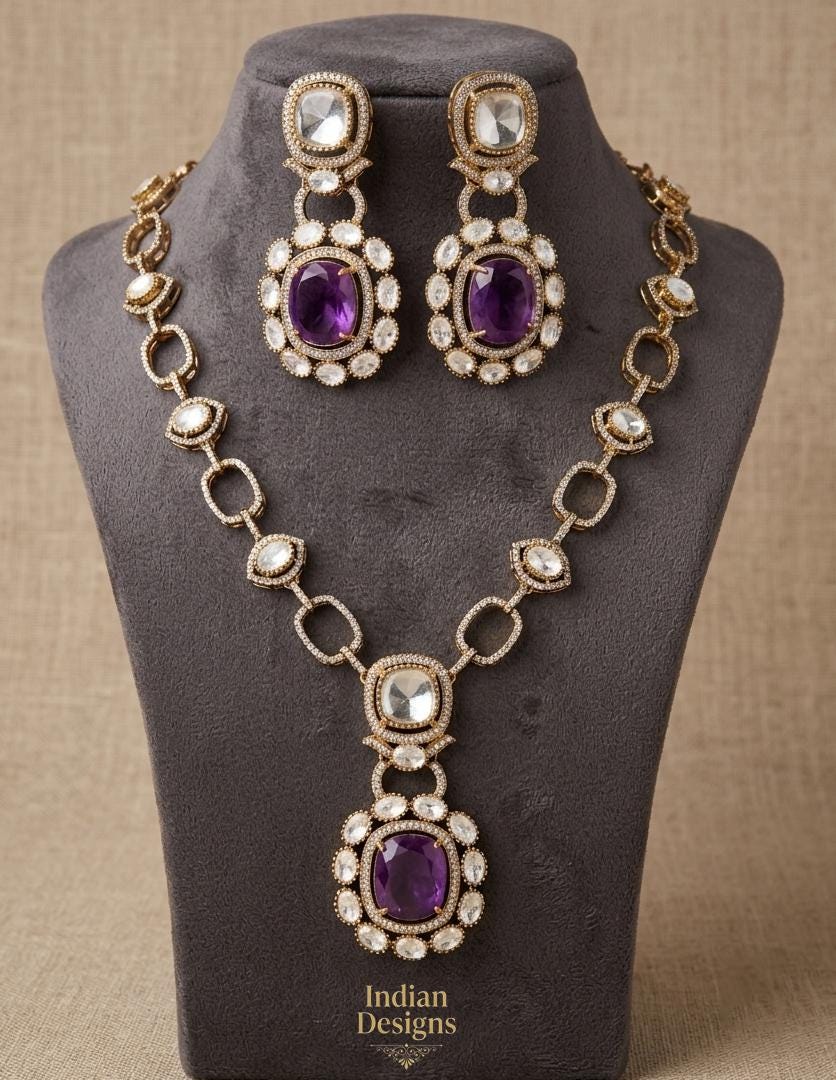 Dull Gold Doublet stone Moissanite Polki Kundan Necklace set|Sabyasachi Inspired Jewelry| American Diamond Statement Necklace| Gift for her