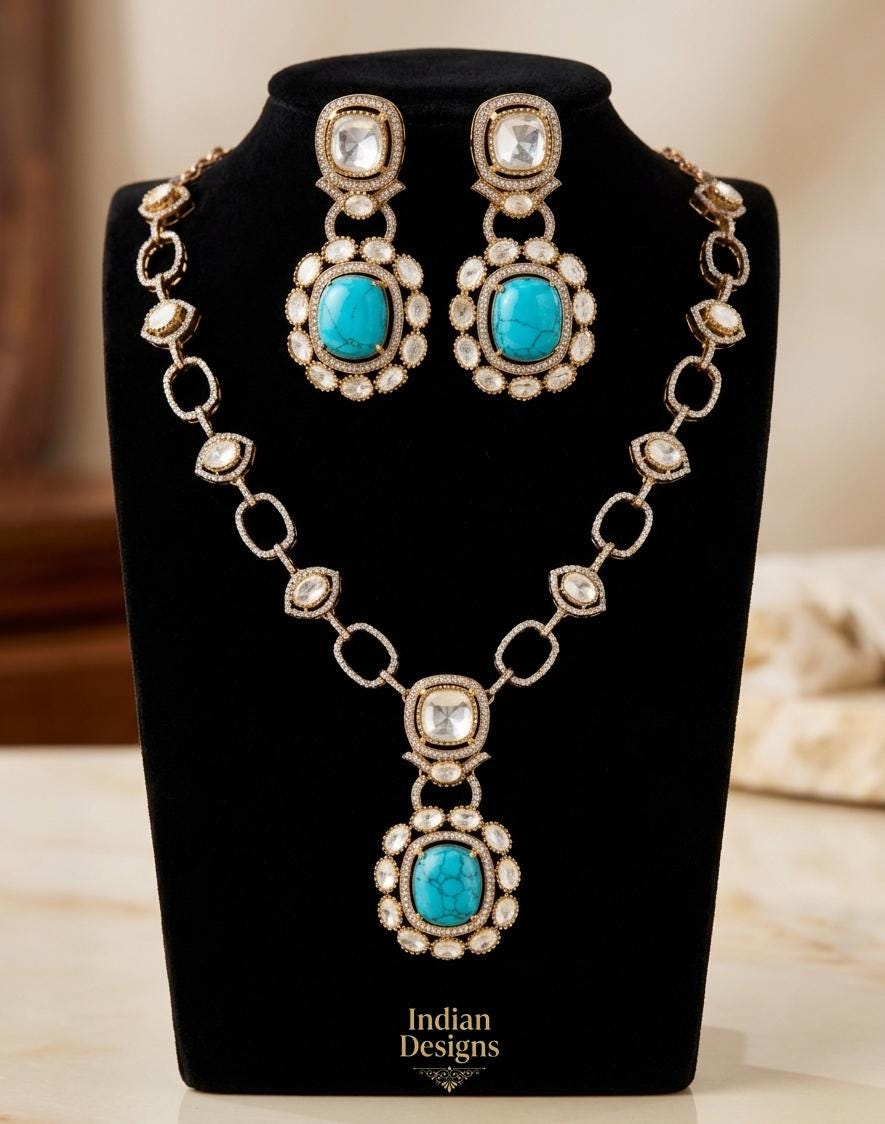 Dull Gold Doublet stone Moissanite Polki Kundan Necklace set|Sabyasachi Inspired Jewelry| American Diamond Statement Necklace| Gift for her