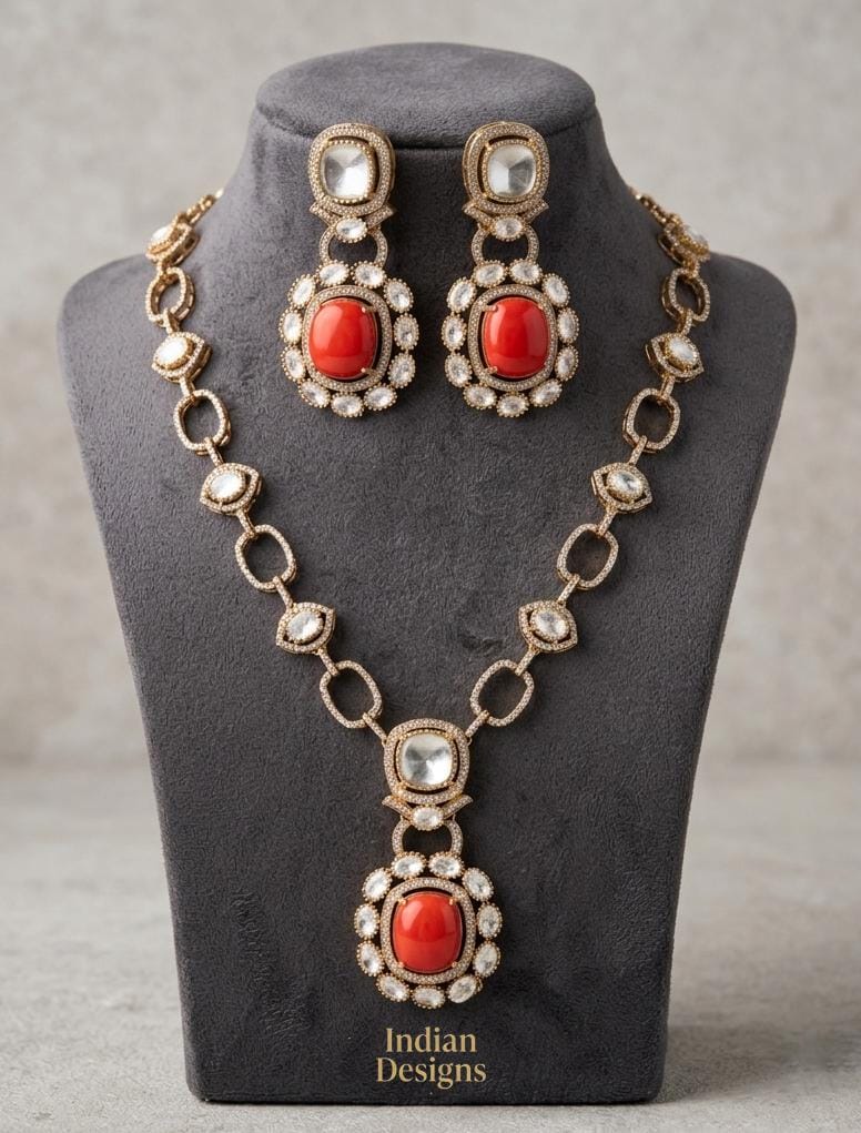Dull Gold Doublet stone Moissanite Polki Kundan Necklace set|Sabyasachi Inspired Jewelry| American Diamond Statement Necklace| Gift for her