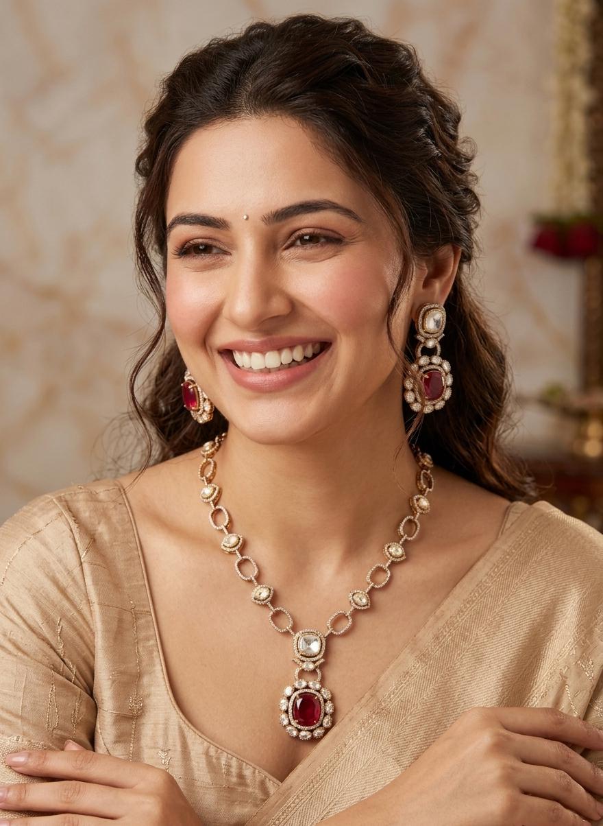 Dull Gold Doublet stone Moissanite Polki Kundan Necklace set|Sabyasachi Inspired Jewelry| American Diamond Statement Necklace| Gift for her