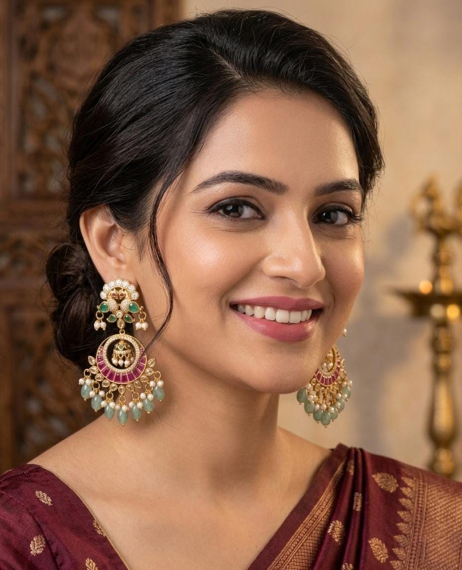 Traditional Peacock Chandbali Earrings| American Diamond CZ Earrings| Green Beads, Ruby Stone| Indian Wedding Jewelry| Bridal Earrings