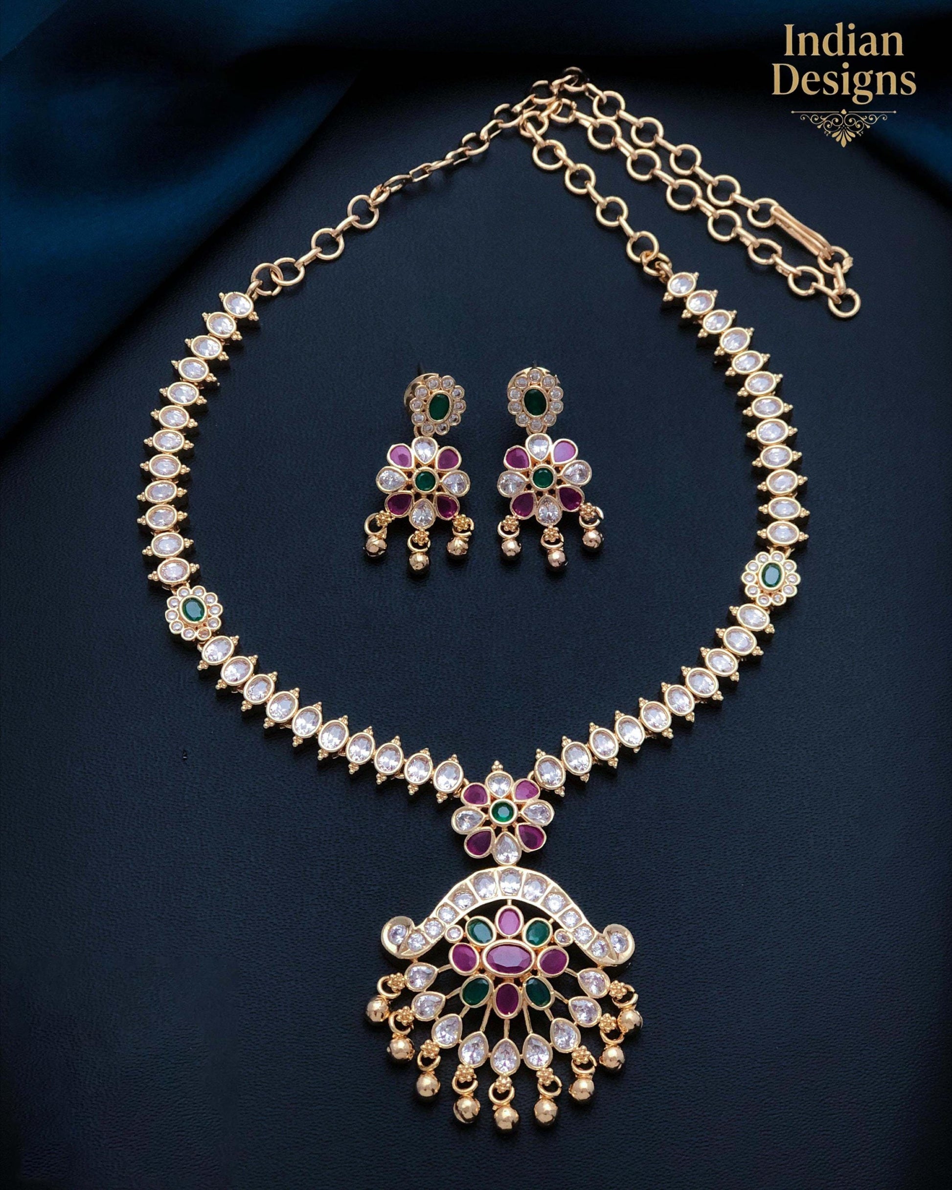Traditional Indian Necklace and Earring Set| Gold Plated CZ Jewelry for Wedding and Party| Statement Jewelry| Indian Designs Gift for her