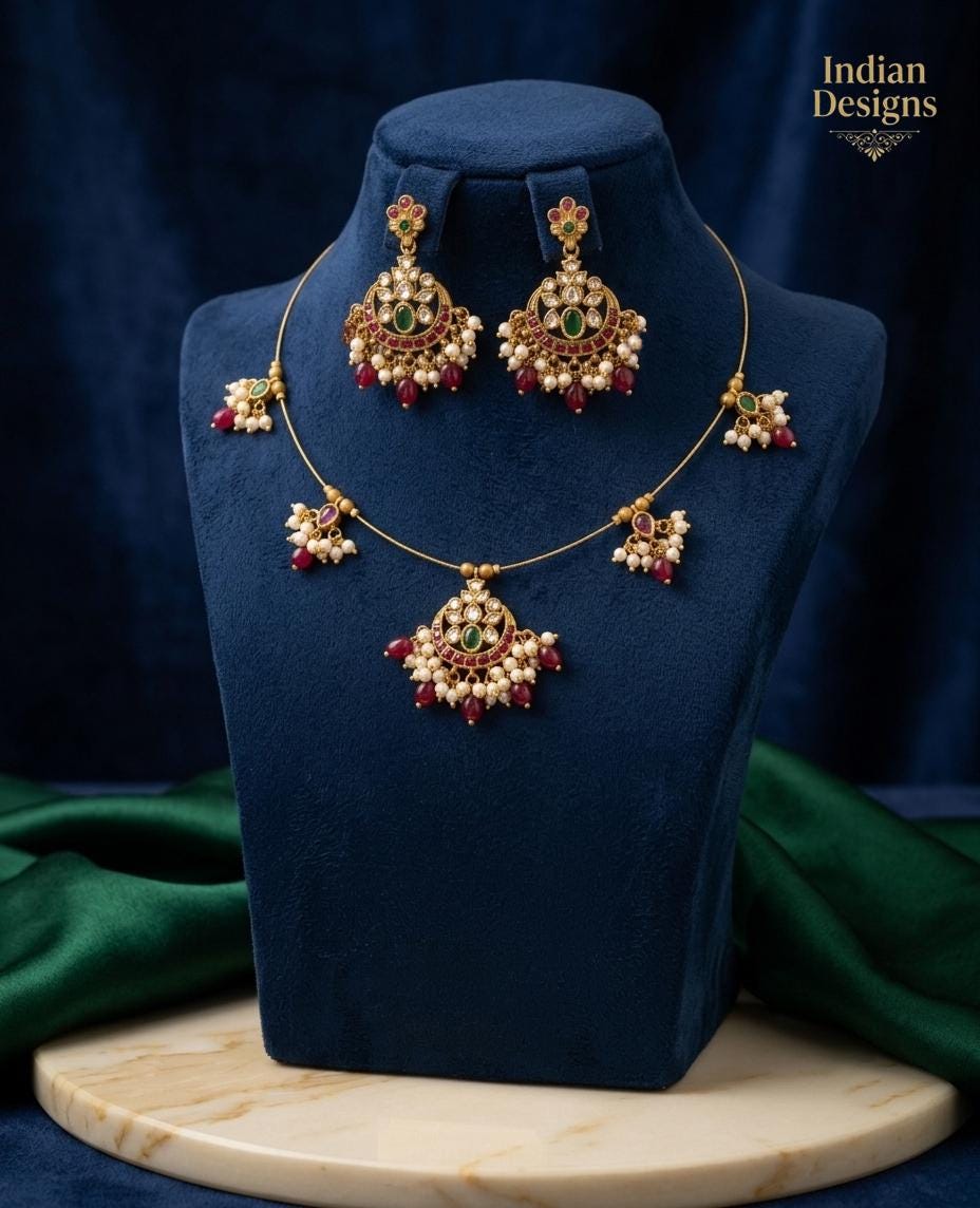 Invisible Wire Necklace and Earring Set| Traditional Indian Design with Green, Red, and Pearl Accents| Fashion Jewelry by Indian Designs