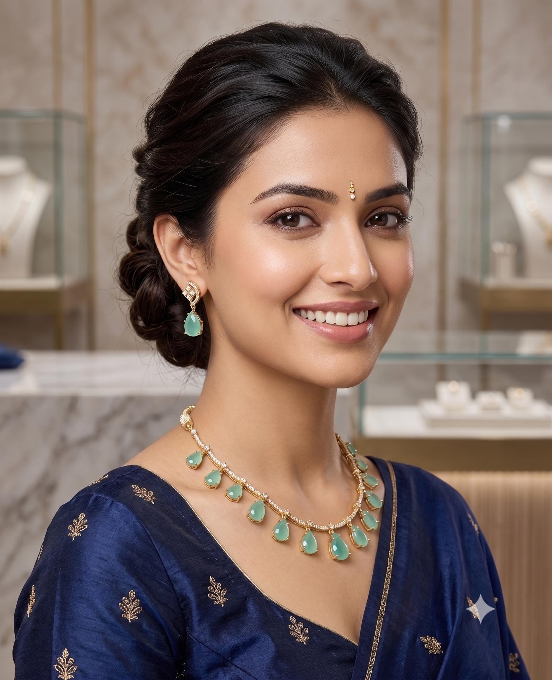 Matte Gold Teardrop CZ Necklace Set| Emerald Mint Green Statement Necklace| Indian Wedding Jewelry| Bridal Necklace Earrings| Gift for her
