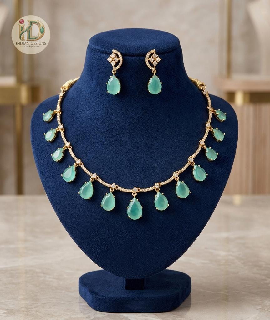Matte Gold Teardrop CZ Necklace Set| Emerald Mint Green Statement Necklace| Indian Wedding Jewelry| Bridal Necklace Earrings| Gift for her