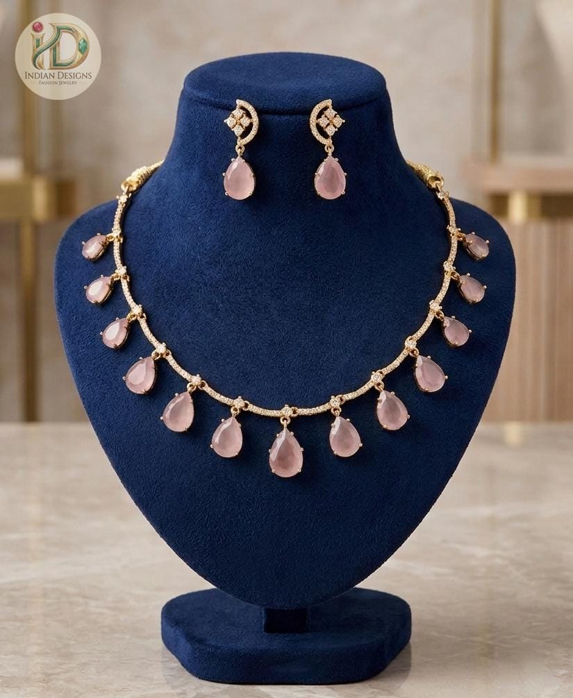 Matte Gold Teardrop CZ Necklace Set| Emerald Mint Green Statement Necklace| Indian Wedding Jewelry| Bridal Necklace Earrings| Gift for her