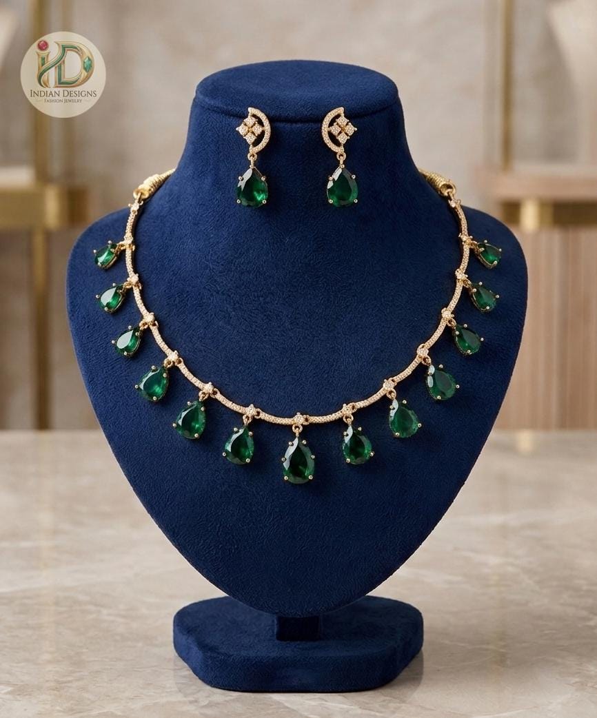 Matte Gold Teardrop CZ Necklace Set| Emerald Mint Green Statement Necklace| Indian Wedding Jewelry| Bridal Necklace Earrings| Gift for her