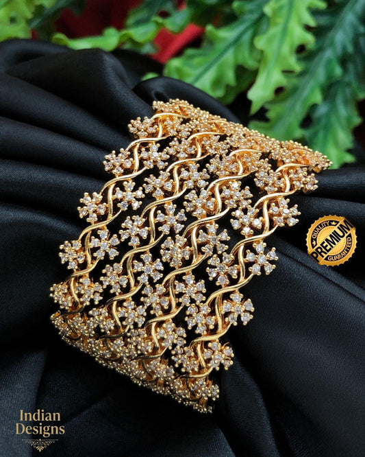 Floral Gold Tone Bangle Set with Crystals| Cubic Zirconia Stackable Bracelets| statement bangle| Gift For Her