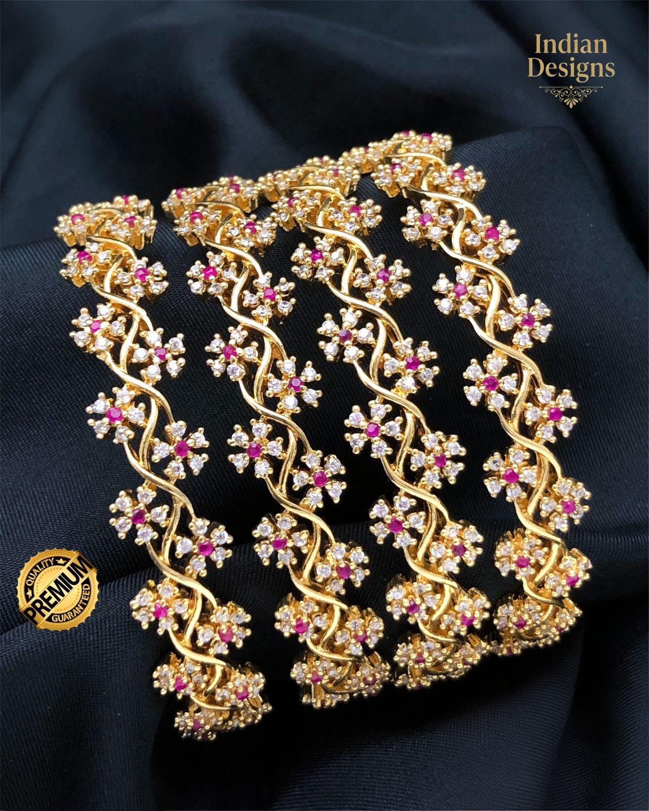 Floral Gold Tone Bangle Set with Ruby Accents| Cubic Zirconia Stackable Bracelets| statement bangle| Gift For Her