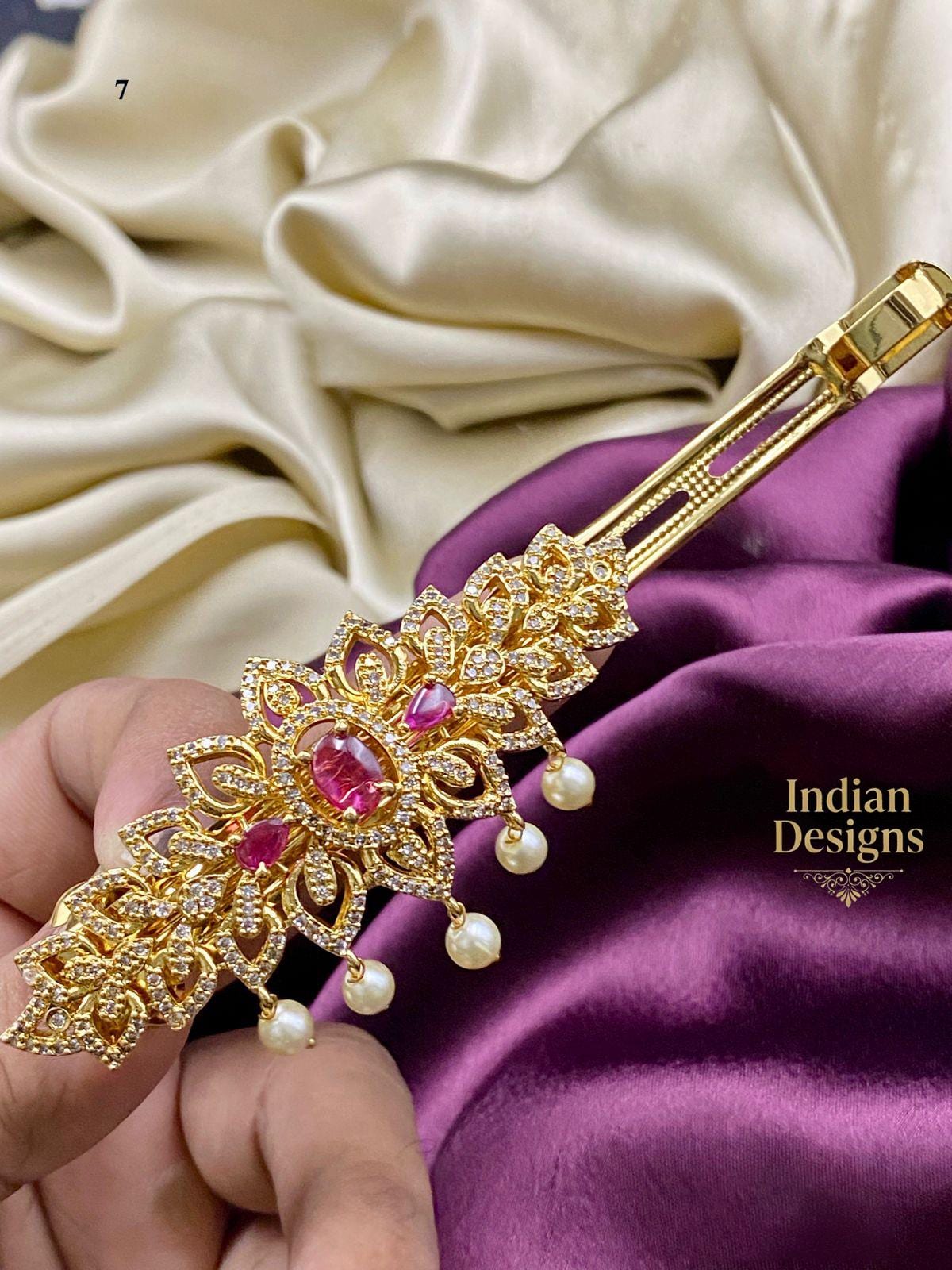 Indian Bridal Hair Clip| AD stone Hair Clip| Hair Accessories| Embellished Indian Hair Accessory with Kundan and Pearls| Gift for her
