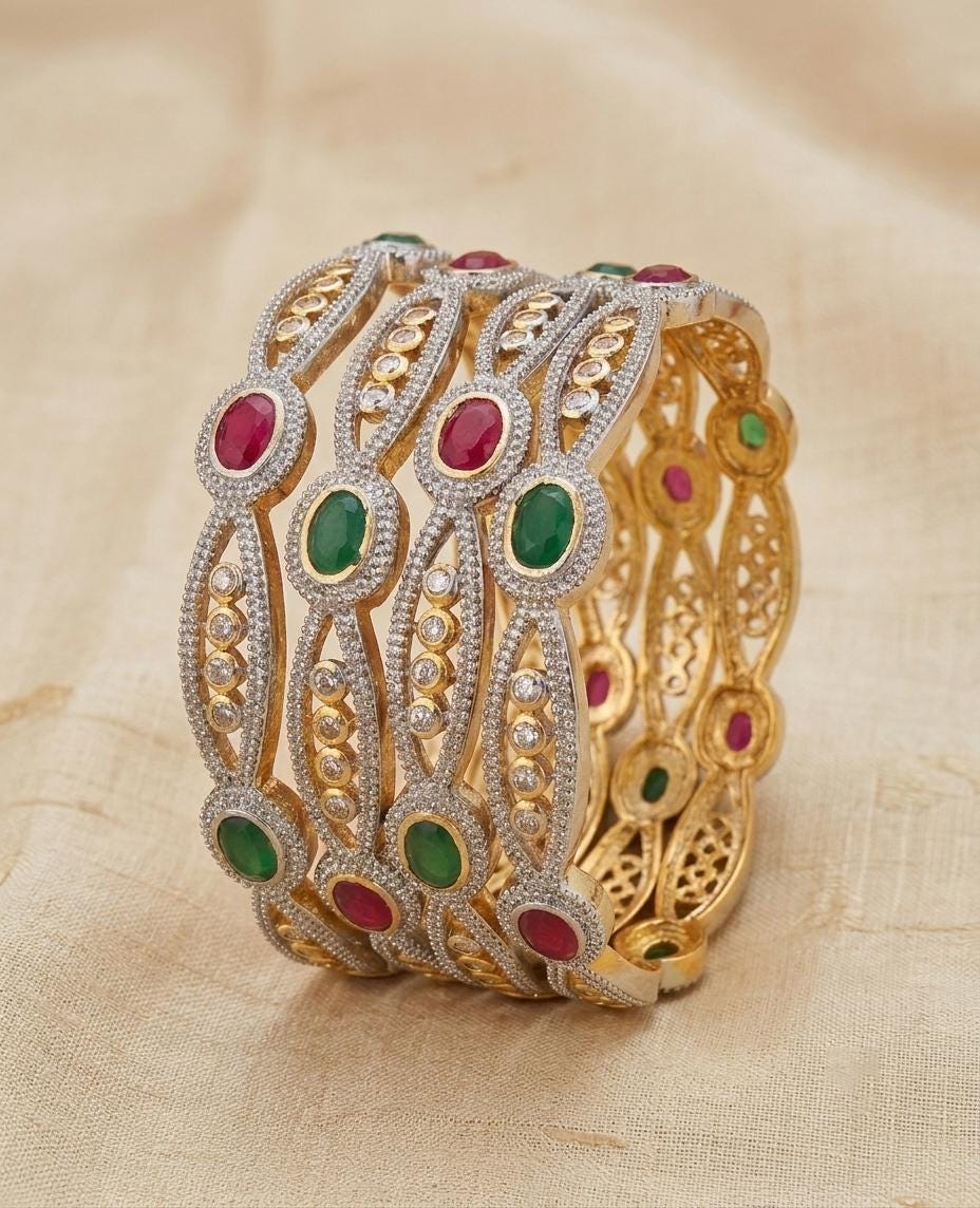 Indian Bridal Bangles set of 4| Gold Plated CZ Bangle Set| Ruby Emerald Bangles| American Diamond Bracelets| Wedding Jewelry for Women