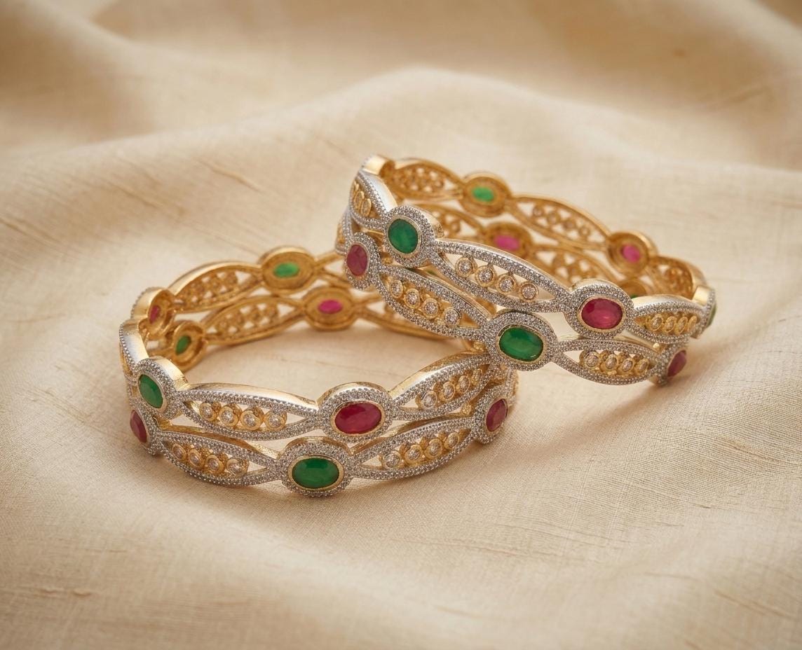 Indian Bridal Bangles set of 4| Gold Plated CZ Bangle Set| Ruby Emerald Bangles| American Diamond Bracelets| Wedding Jewelry for Women