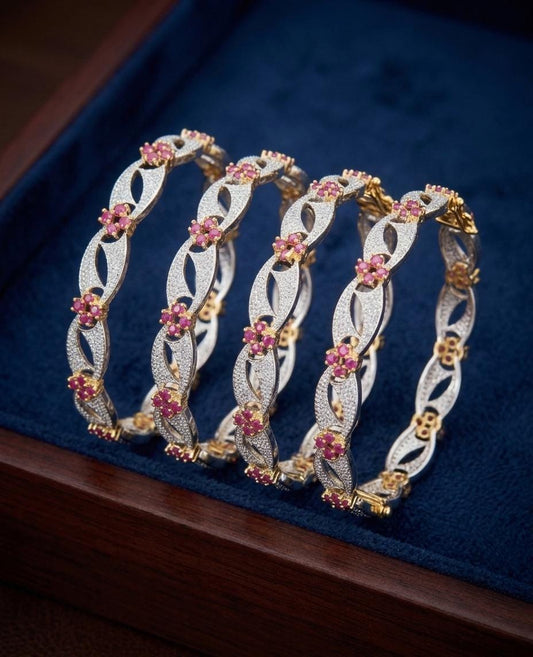 Silver Tone Bridal Bangles| Pink Stone Flower Bangle Set of 4| Indian Ethnic Bracelet Set| Wedding Bangle Stack| Festive Traditional Jewelry