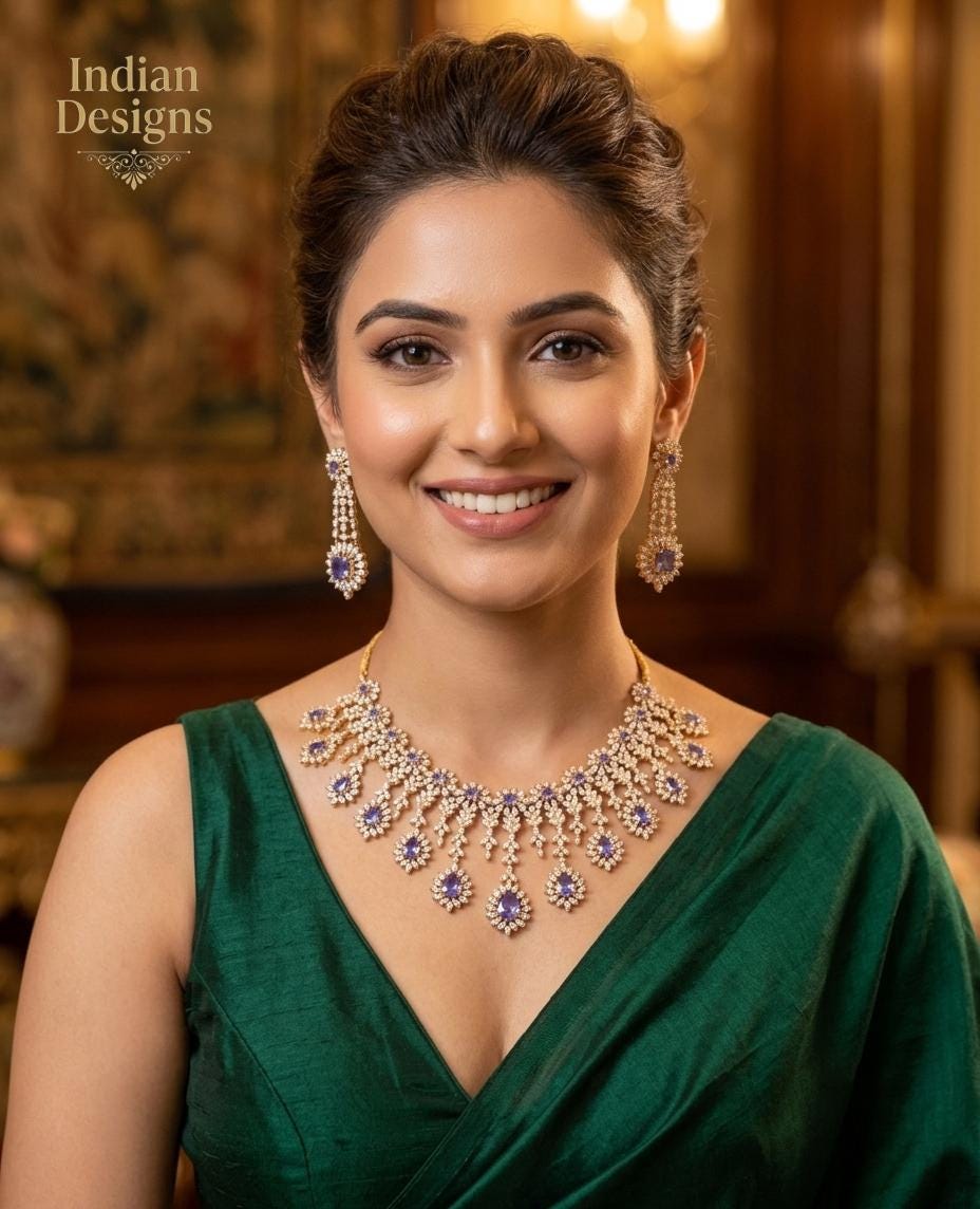 Emerald Green American Diamond Necklace Set| Gold CZ Bridal Choker| Indian Wedding Jewelry| Diamond Look Statement Necklace| Gift for her