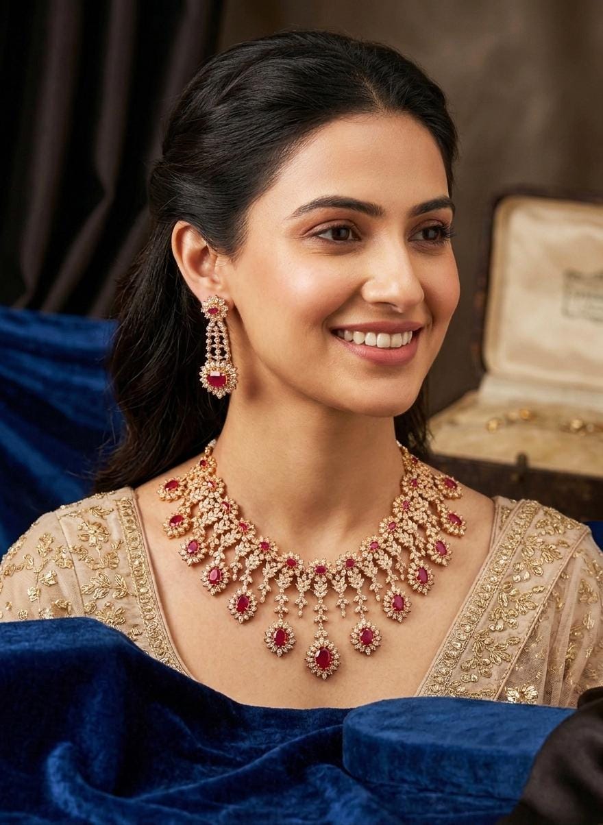 Blue American Diamond Necklace Set| Gold CZ Bridal Choker| Indian Wedding Jewelry| Diamond Look Statement Necklace| Gift for her
