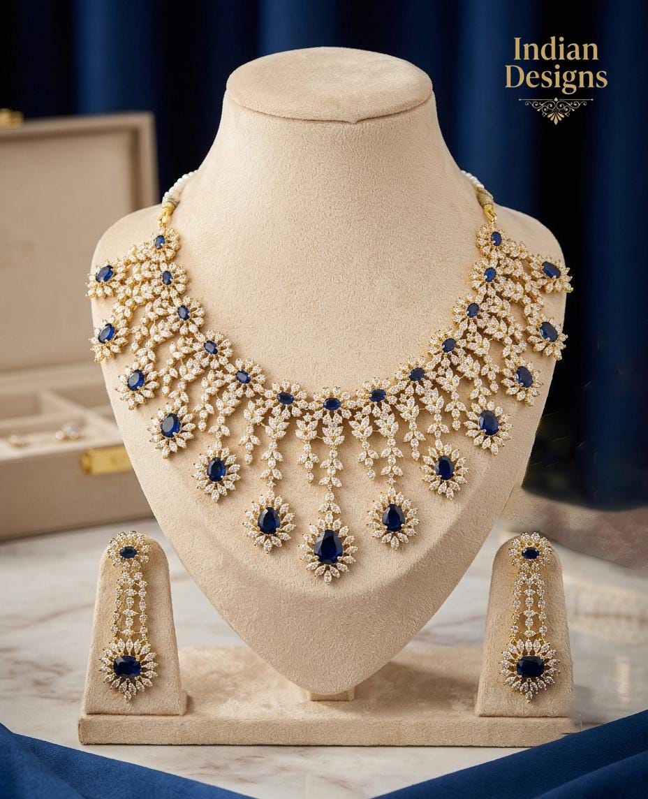 Blue Sapphire AD stone Necklace Set| Gold Plated Floral Choker| Indian Bridal Jewelry| American Diamond statement necklace|Gift for Her