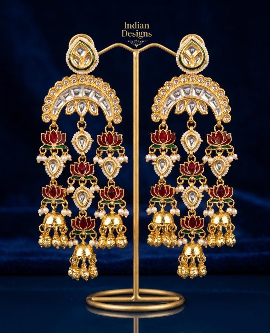 Indian Lotus Jhumka Earrings| Gold Tone Kundan Style Chandbali Earrings| Bridal Jhumka Earrings| Bohemian Bridal Earrings| Gift for her