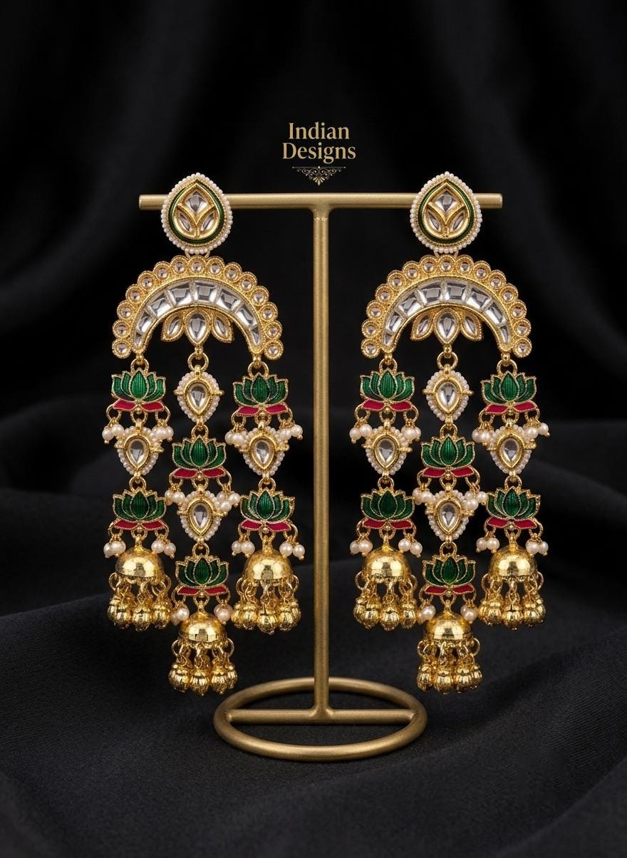 Indian Lotus Jhumka Earrings| Gold Tone Kundan Style Chandbali Earrings| Bridal Jhumka Earrings| Bohemian Bridal Earrings| Gift for her