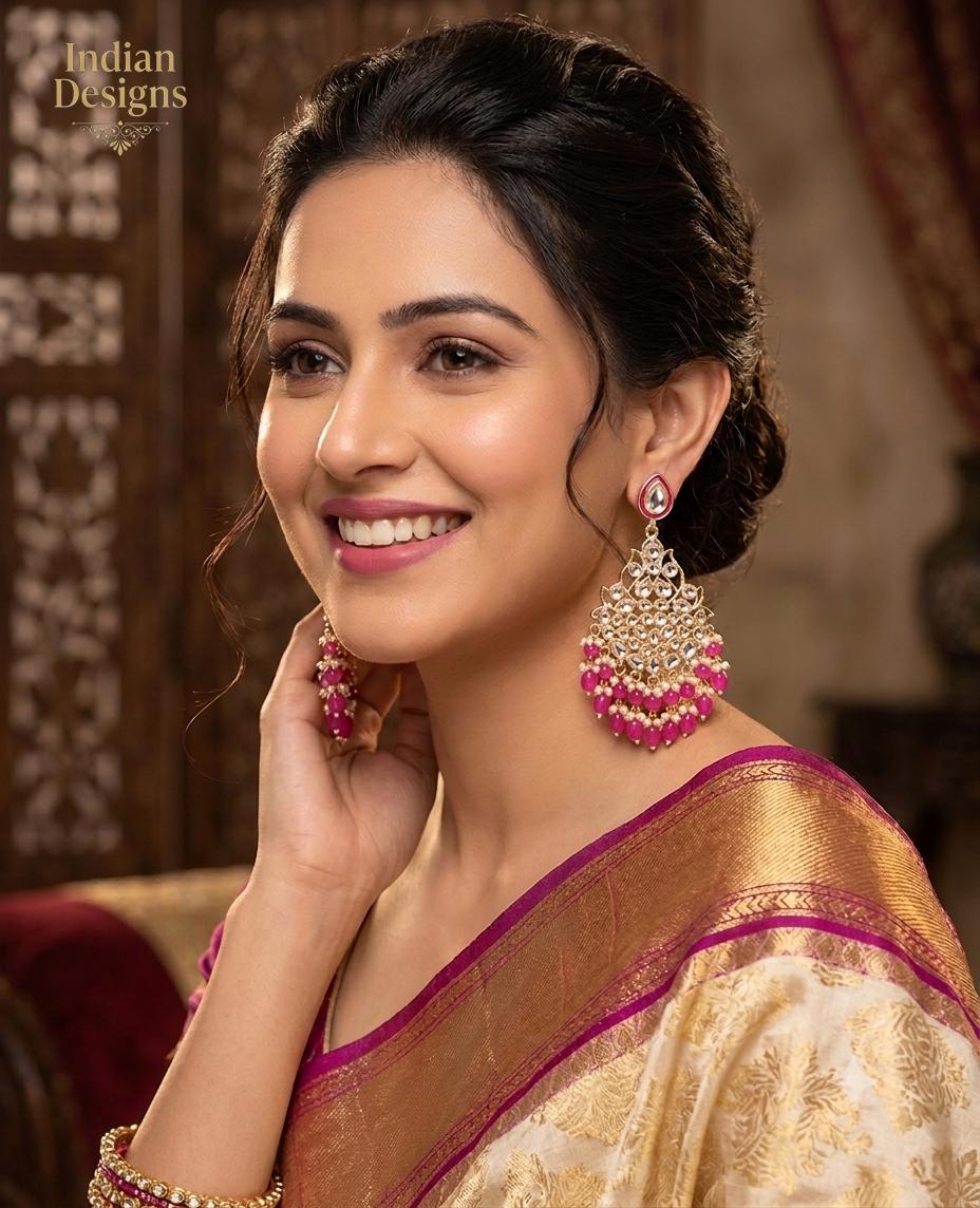 Pink Kundan Chandbali Earrings| Indian Bridal Earrings| Gold Plated Pink Statement Earrings| Traditional party earrings| Gift for her