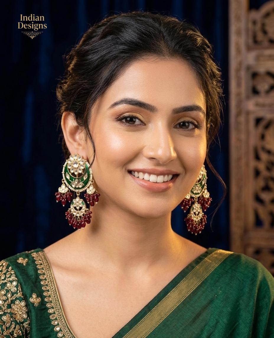 Emerald Green Kundan Chandbali Earrings with Maroon Bead Drops| Indian Ethnic Wedding Jewelry| Traditional Statement Earrings| Gift for her